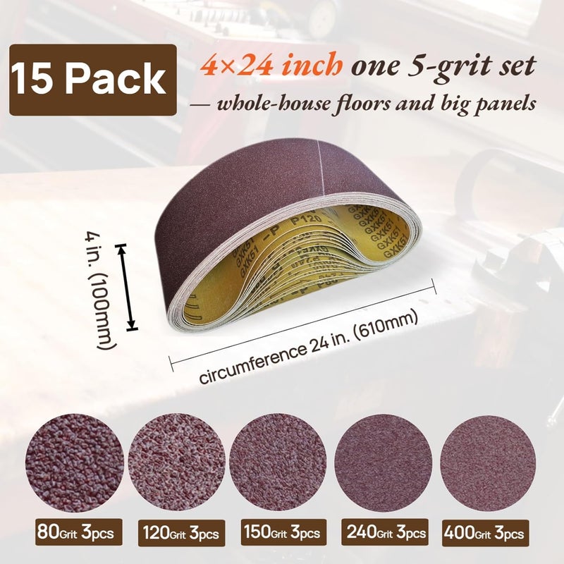 KTHUA Sanding Belts 4×24 Inch: 15-Pack 80–400 Grit — Durable Abrasives & Anti-Clog Coating — for Heavy-Duty Surface Prep on Floors & Large Wood Panels — Fits 4 × 24 Handheld Belt Sanders - Image 2